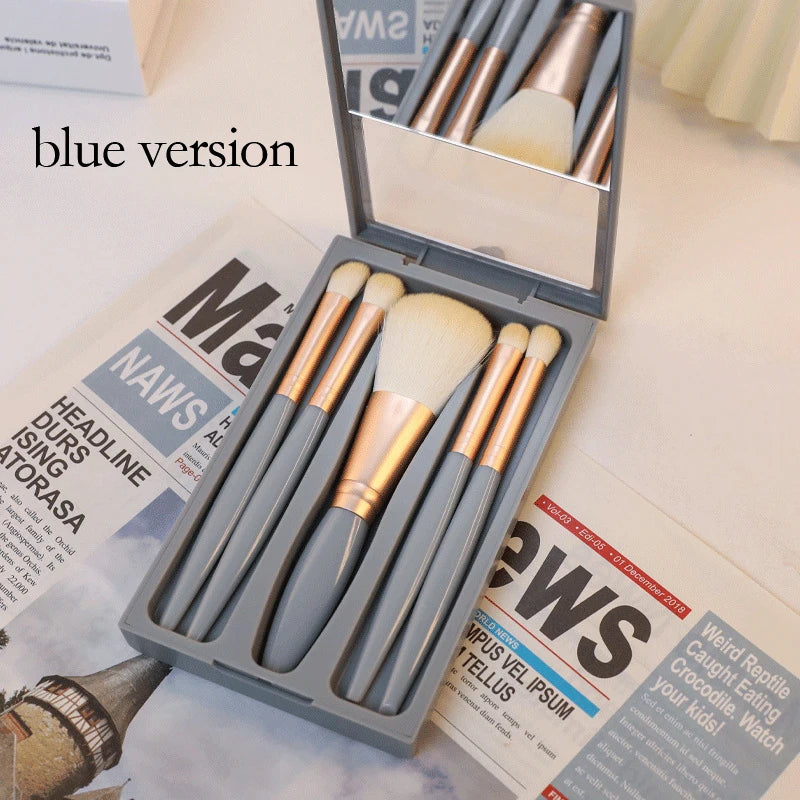 5pcs Mini Makeup Brush Set with Mirror - Multifunctional Travel Cosmetic Brushes, Unscented, Palm Brush Design Makeup Tools