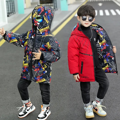 Boys Spiderman Winter Jacket - Thick Warm Hooded Down Parka Coat for Kids
