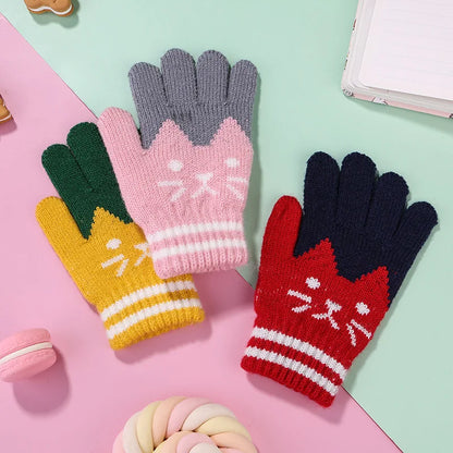 Cute Cartoon Kids Knitted Gloves Thick Fleece Children Five Finger Mittens 4-10Year Boys Girls Winter Hand Warmer Fashion Gloves