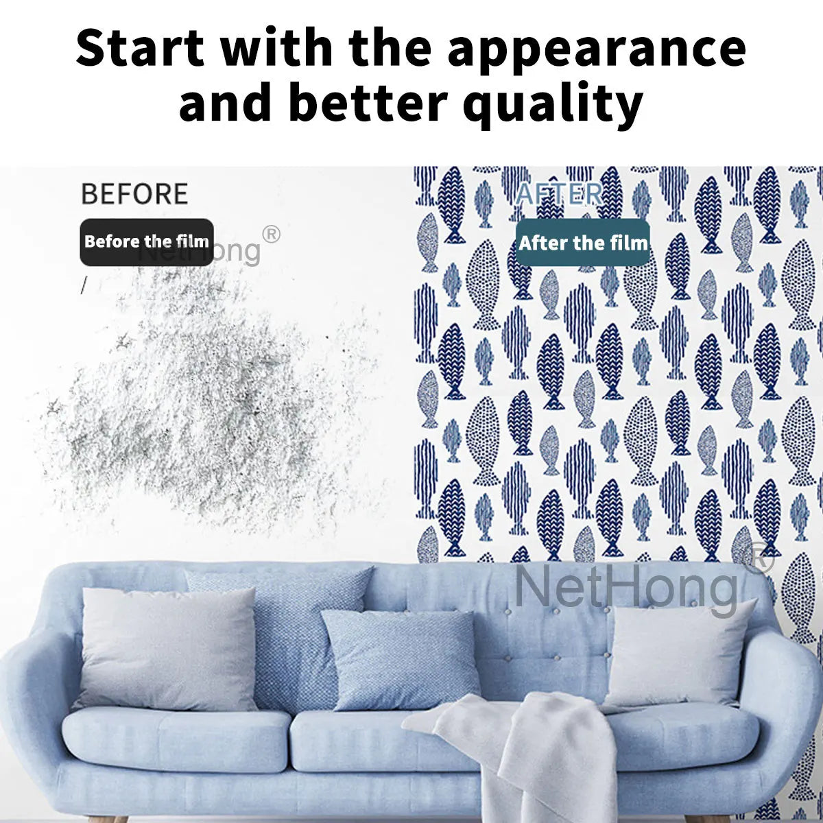 6M Vinyl Geometric small fish pattern Wallpaper Stickers Self Adhesive Contact Paper Waterproof