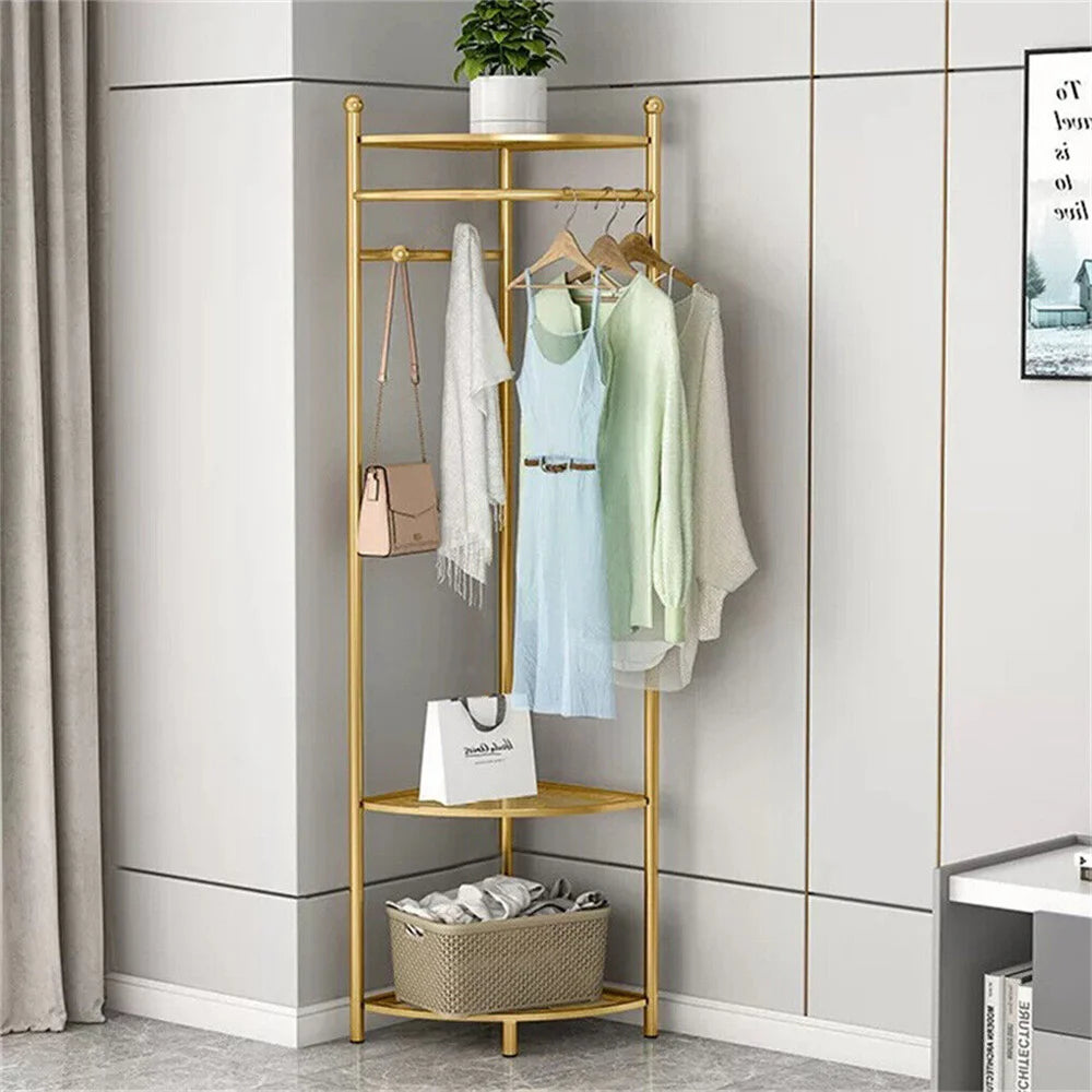 Freestanding Coat Rack with Shelve, Heavy Duty Corner Clothes, Hat Clothes Hall, Tree Stand, Gold Metal, Bedroom, Hallway