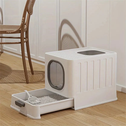 Leak-proof Enclosed Cat Litter Box Pull Drawer Kitten Training Toilet with Scoop and Lid Anti-Splashing