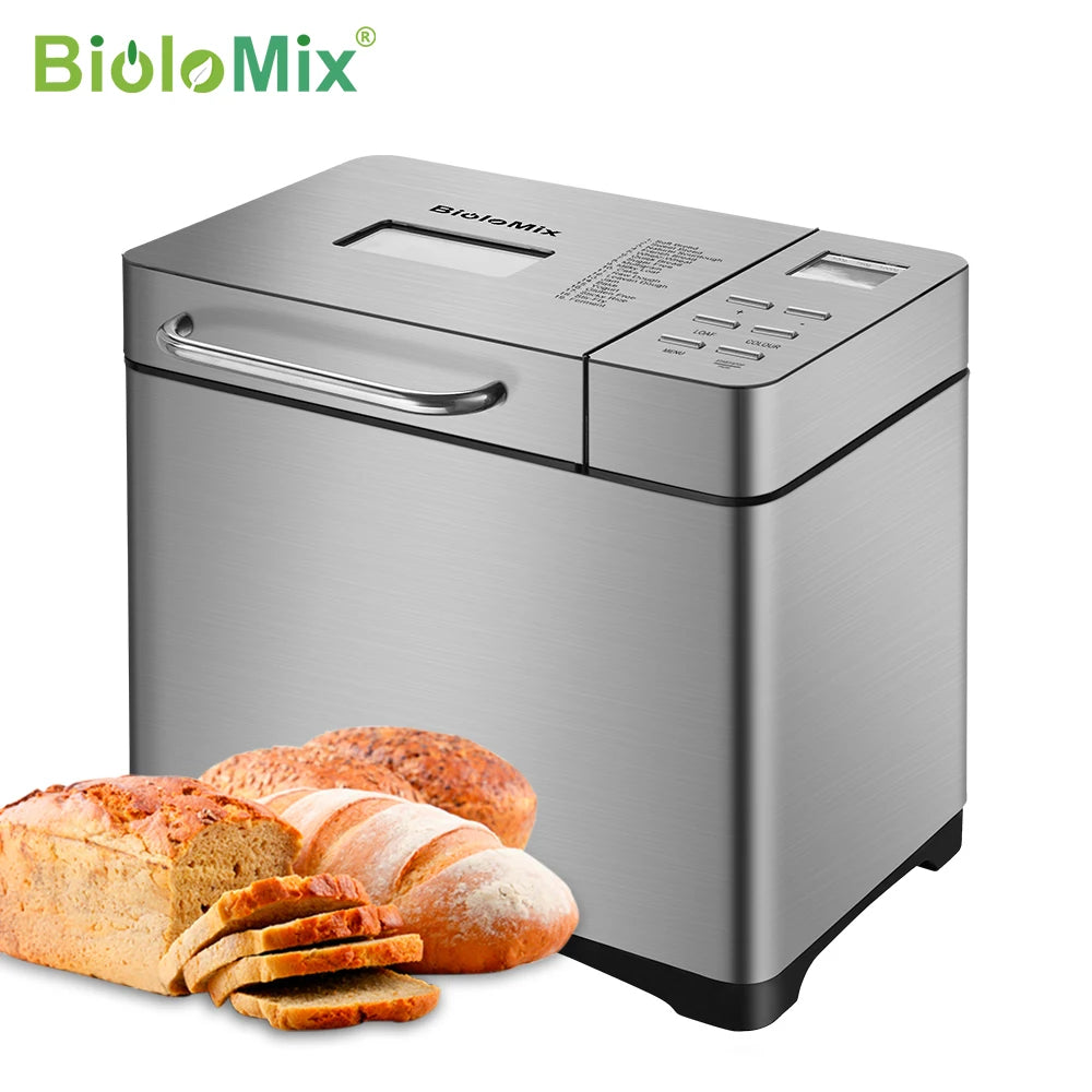 BioloMix Stainless Steel 19-in-1 Automatic Bread Maker,650W Programmable Bread Machine with 3 Loaf Sizes Fruit Nut Dispenser