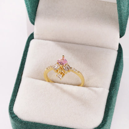 Pink Zircon Bow Heart Rings For Women Gold Plated 18K Plated Adjustable Heart Ring 2026 Trend Wedding Aesthetic Jewelry Gift