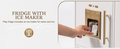 ROBOTIME Wooden Play Kitchen Toy Kitchen Set with Ice Maker and Coffee Machine Realistic Kitchen Set Gift for Toddlers