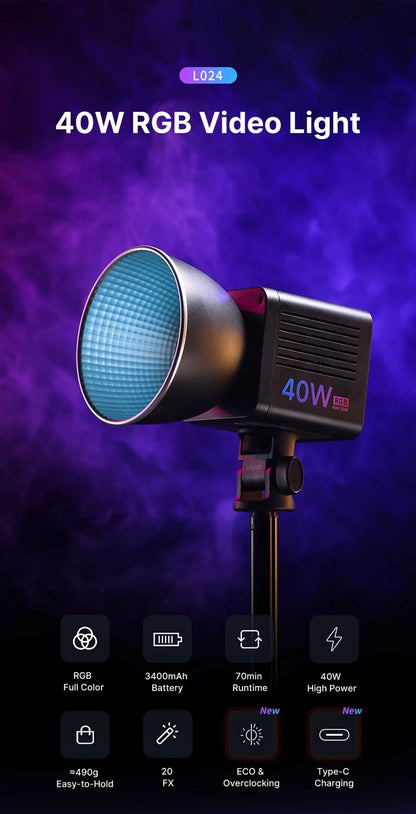 Ulanzi 40W Video Light COB Continuous Lighting Bowens Mount for Studio Video Tiktok Youtube Professional Led light photography