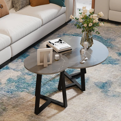 Modern Nesting Coffee Table, Round Accent Cafe Table, Side End Table, Grey Sintered Stone, Metal Frame, Set of 2