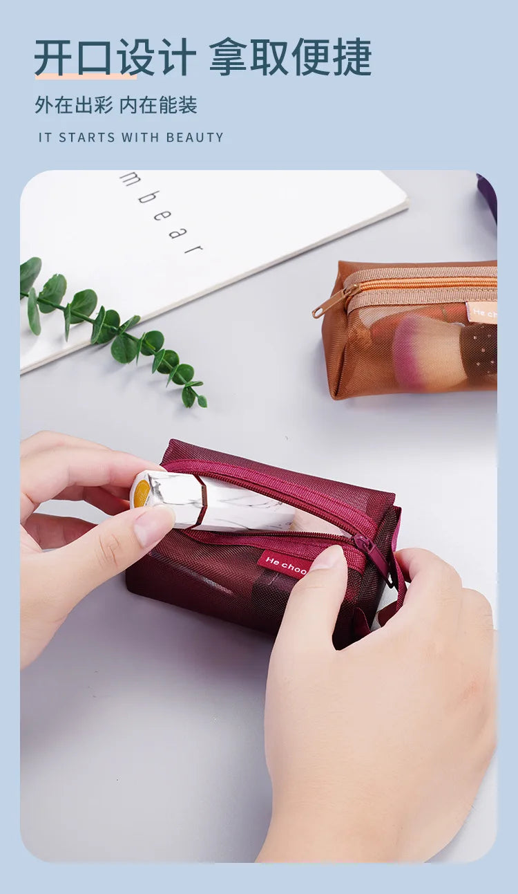 Dark Series Vintage Three-dimensional Square Nylon Mesh Coin Purse Pouch Large Capacity Key Lipstick Earphone Organizer Card Bag