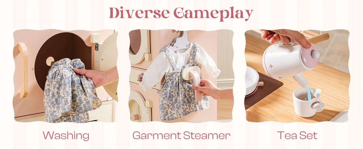 Robotime Robud Kids Corner Kitchen Playset Wooden Play Kitchen Set with Realistic Sound Pretend Play Gift for Boys Girls Pink