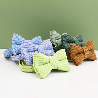 Personalized Corduroy Cat Collar with Engraved Name Plate, Bell & Bow Tie - Custom Breakaway Safety Collar