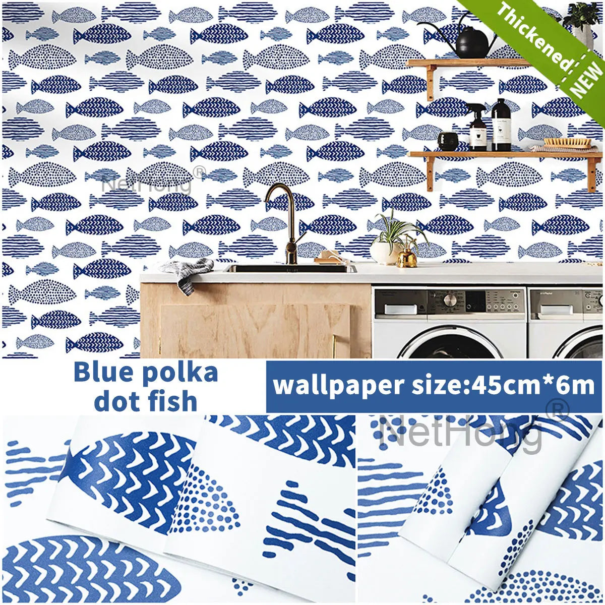 6M Vinyl Geometric small fish pattern Wallpaper Stickers Self Adhesive Contact Paper Waterproof