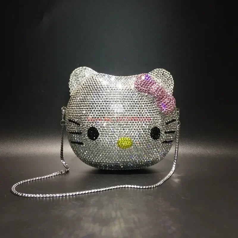 Hello Kitty Anime Cartoon Shape Rhinestone Cartoon Full Of Diamonds Dinner Bag Handmade Diamond-set Lady's Clutch Christmas Gift