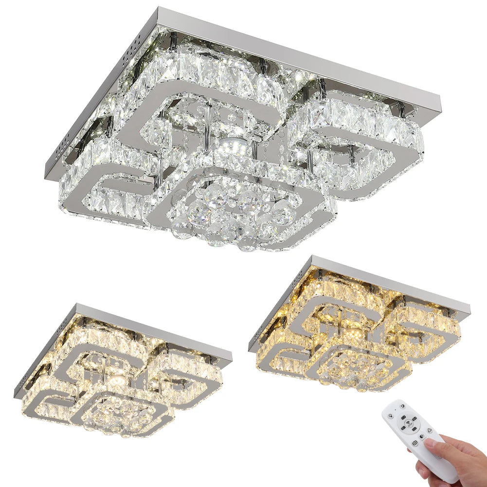 KOMORE Modern Fancy Crystal LED Flush Mount Ceiling Light Fixture, 68 W Cool White / Stepless Dimming for Office, Living Room