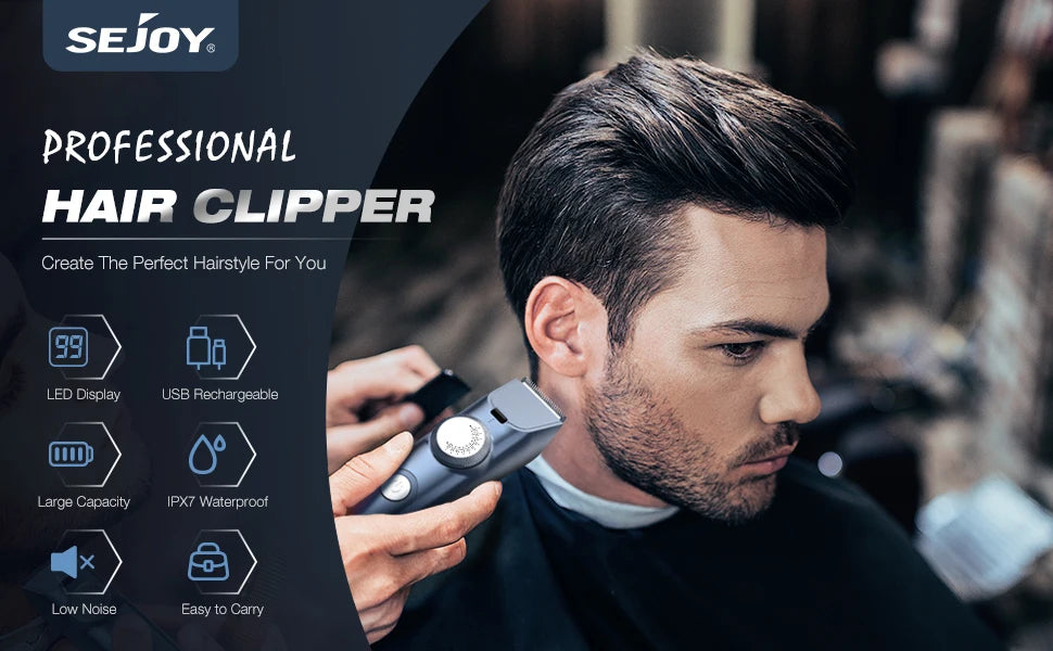 Sejoy Professional Electric Hair Clippers Men Cordless Hair Trimmer Rechargeable LED Display IPX7 Hair Cutting Machine