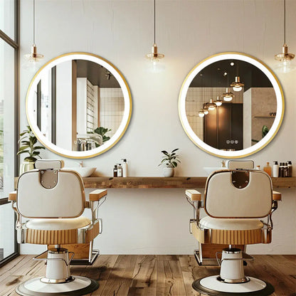 Bathroom Mirror with LED 60/80cm Round Illuminated Wall Mirror Aluminum Gold Frame Anti-fog 3 Lighting Color Memory Function