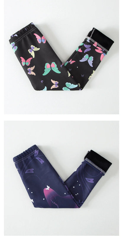 Girls Winter Leggings - Warm Plush Thickened Butterfly Print Pants for Kids