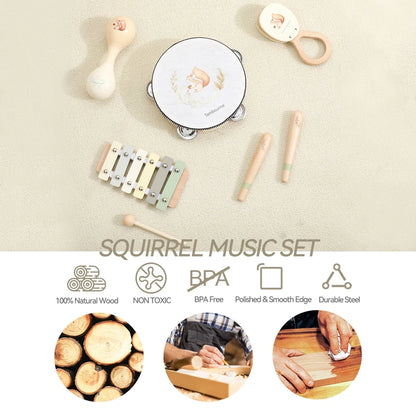 Music Toys Baby Wooden Montessori Toys Children Music Instrument Squirrel Maracas Drum Xylophone Early Education Sensor Toys Set