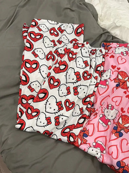 Hello Kitty Spider-Man Anime-Pyjamahose, Y2K-Cartoon-Stil, lockere Hose, Familienkleidung, Partnerhose, Geschenk für Mädchen