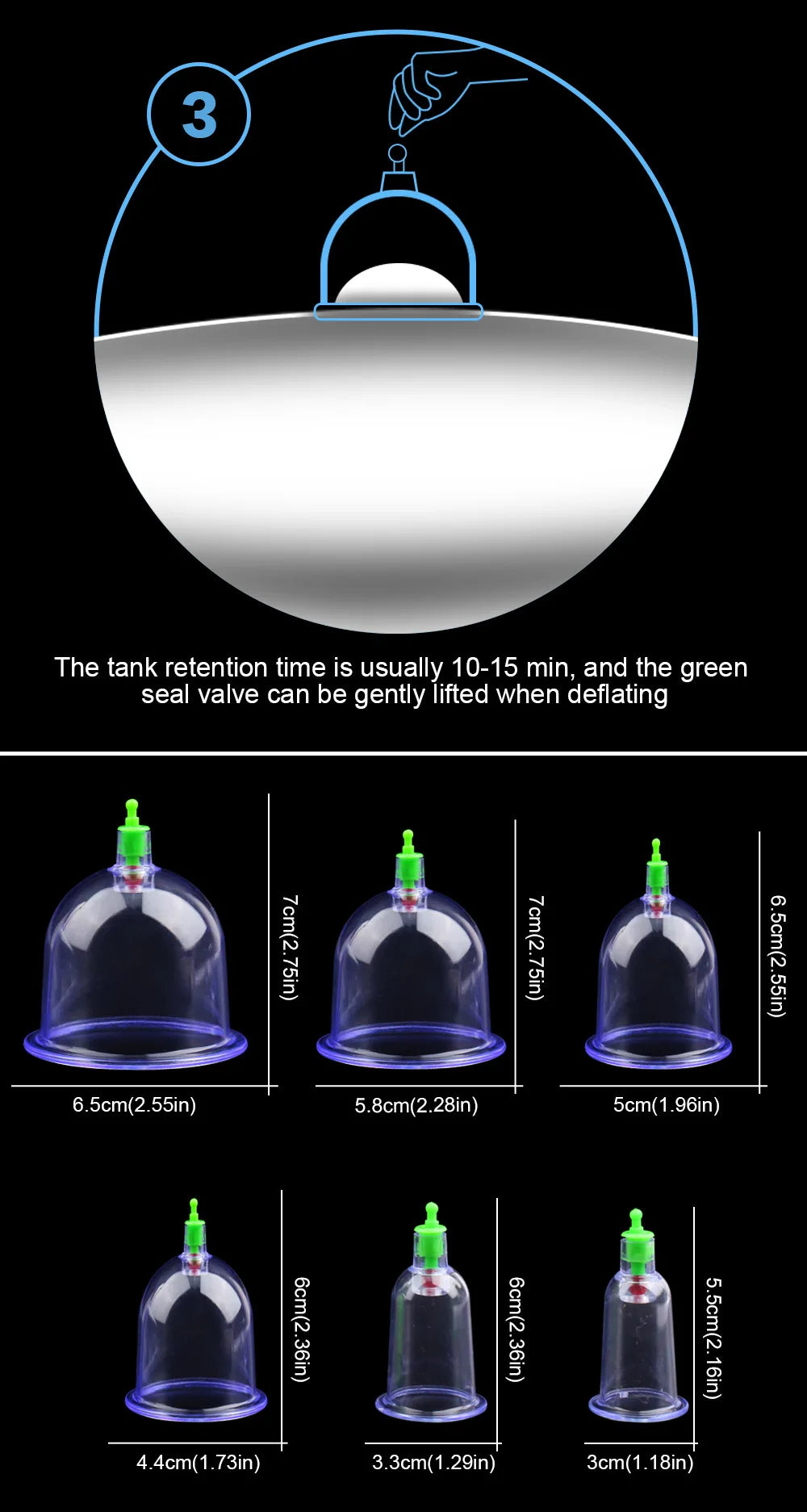 Vacuum Cupping Massage Kit w/ Pump Gun - 6 Suction Cups for Back, Body Therapy, Anti-Cellulite & Detox