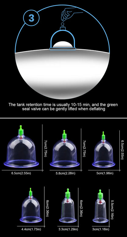 Vacuum Cupping Massage Kit w/ Pump Gun - 6 Suction Cups for Back, Body Therapy, Anti-Cellulite & Detox