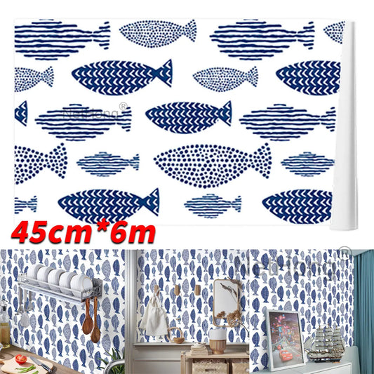 6M Vinyl Geometric small fish pattern Wallpaper Stickers Self Adhesive Contact Paper Waterproof