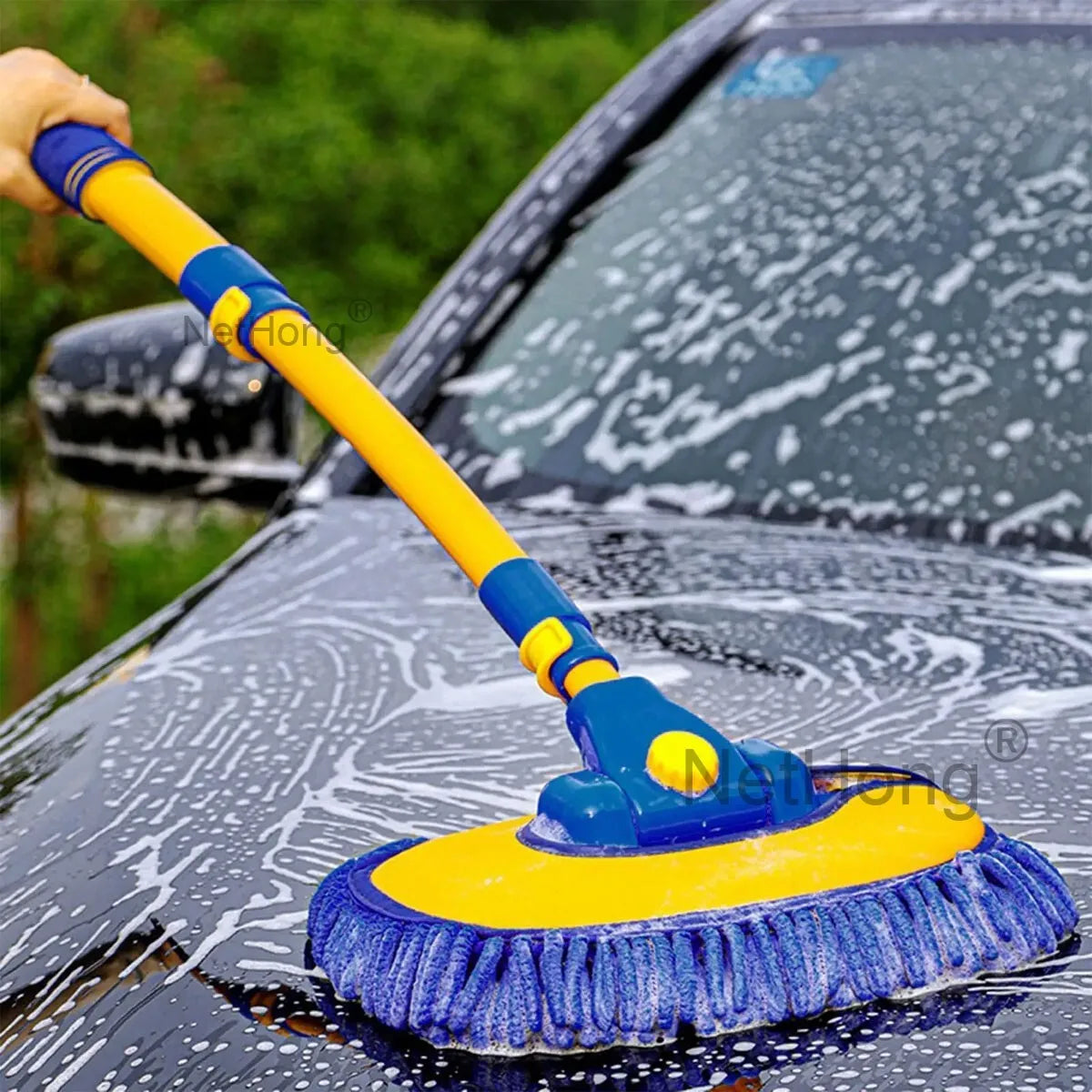 Adjustable Curved Car Wash Brush With Soft Bristles Vehicle Cleaning Rod & Mop