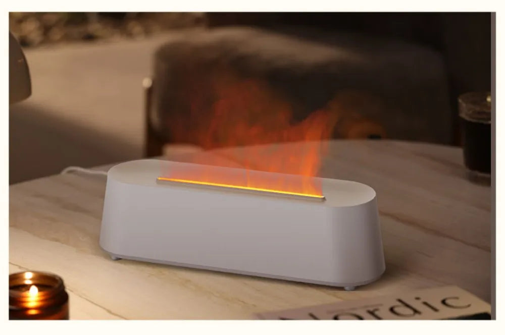 Luftbefeuchter mit Flammen-Aromatherapie-Diffusor, der ätherische Öle in 7 Farben aufnehmen kann, mit Timer und USB-Anschluss für den Schreibtisch.
