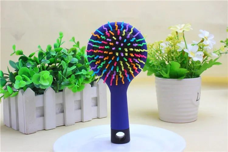 Rainbow Air Volume Paddle Hair Comb Brush with Makeup Mirror Detangler Hair Curl Straight Massage Comb Brush Hair Styling Tool