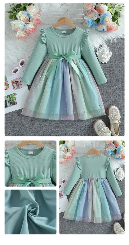 Girls Dress Blue Autumn Princess Dress Kids Clothes Birthday Party Dress Pink Long-sleeved for Children Fashion Rainbow 1-6Y