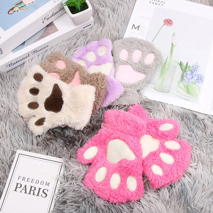 1Pair Winter Fluffy Cat Paw Children Gloves Cute Fingerless Warm Plush Mittens Fashion Warm Lovely Gloves for Girls 9 Colors