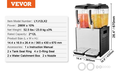 VEVOR 10L 12L 18L Commercial Beverage Dispenser Stainless Steel Ice Juice Tea Drink Machine with Cooling Function for Bar Party