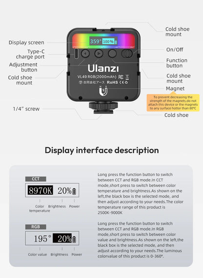 Ulanzi VL49 RGB Camera Light LED Video 2500K-9000K 800LUX Magnetic Mini Fill Light 3 Cold Shoe 2000mAh Type-C for Youtube