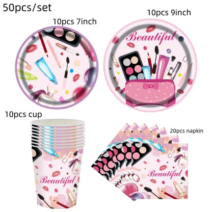 Make Up Theme Birthday Disposable Tableware Paper Plate Cups For Spa Makeup Girl Party Lipstick Red Lips Balloon Valentines Gift