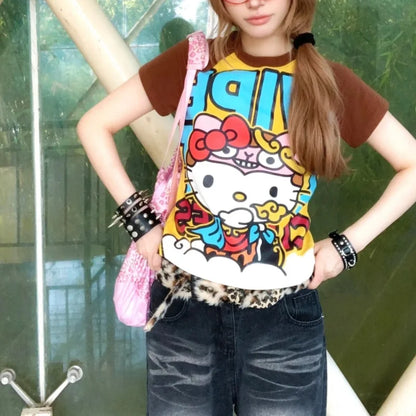 Sanrio Hello Kitty New Anime Fashion Short Tops Y2k Summer Cute Tees Cartoon Printed High Street Gothic Short Sleeve T-shirts