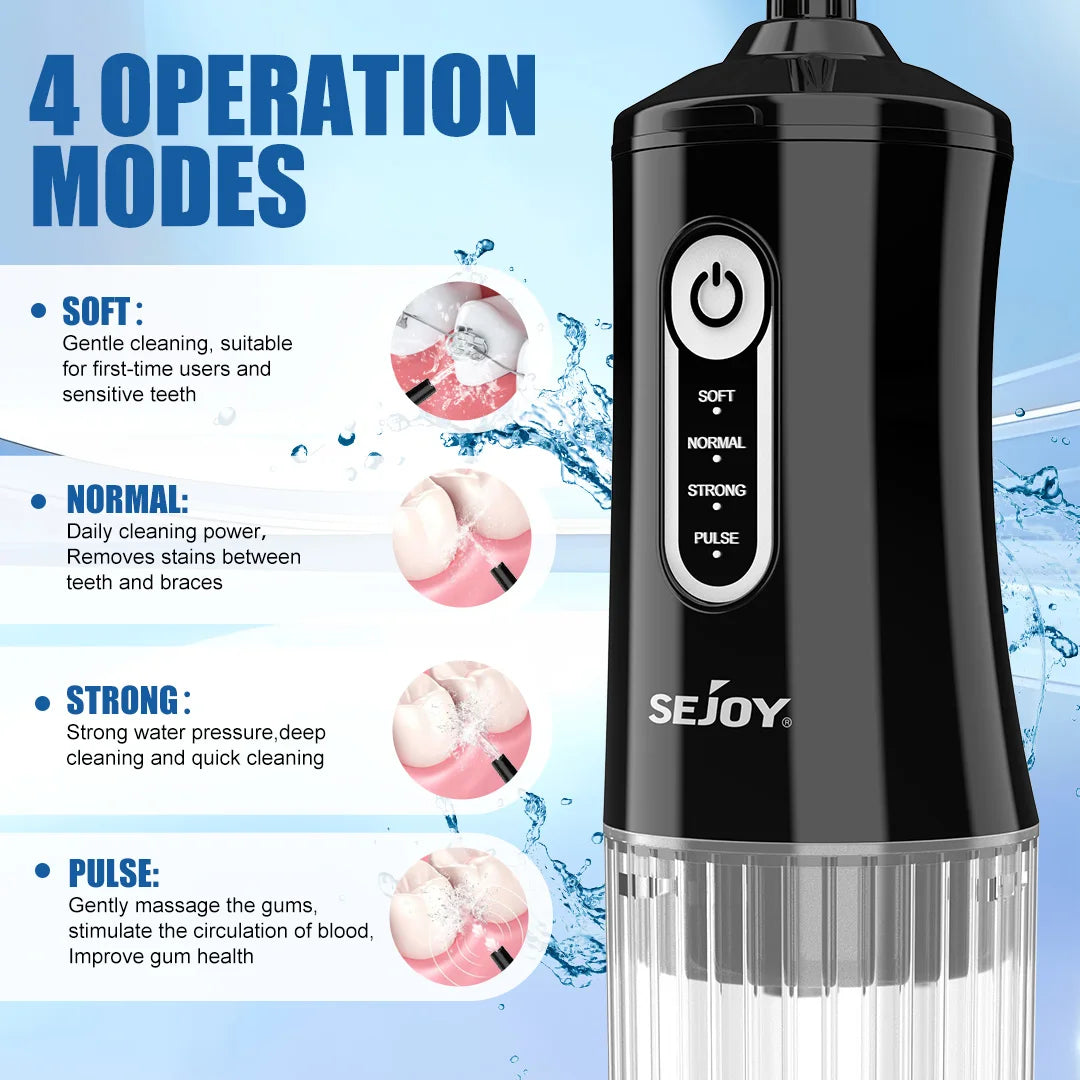 Sejoy Electric Water Flosser 200ML Water Tank Tooth Clean Machine USB Rechargeable Dental Irrigator 4 Cleaning Modes Timing