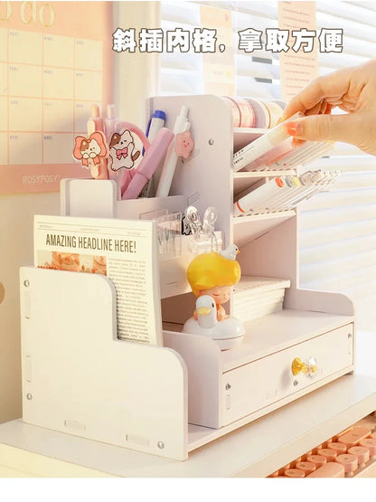 Mark Pen Pencil Holder Wooden Desk Organizers Shelves Accessories Desktop Stationery Organizer Bookshelf Home Office Storage Box