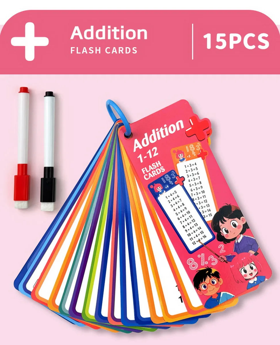 1Set(15pcs) Math Addition Subtraction Multiplication Division Fraction Erasable Reusable Number Learning Cards Teaching Tools