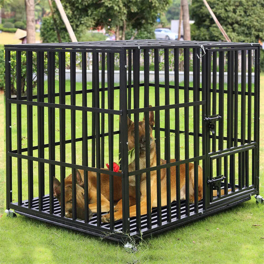 Heavy Duty Dog Crate with 4 Lockable Wheels, 3 Doors, Removable Tray, Metal Pet Kennels Cage, Playpen, L, XL, XXL