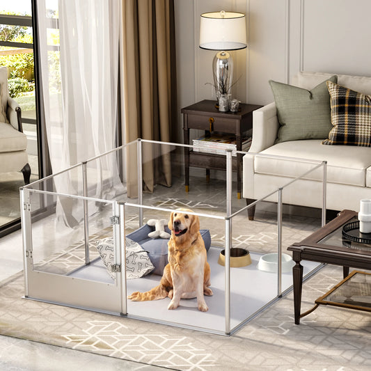 Indoor Dog Playpen Fence, Clear Acrylic Whelping Box, Kennels with Waterproof Pad and Steel Lock, 8 Panels, 52 in