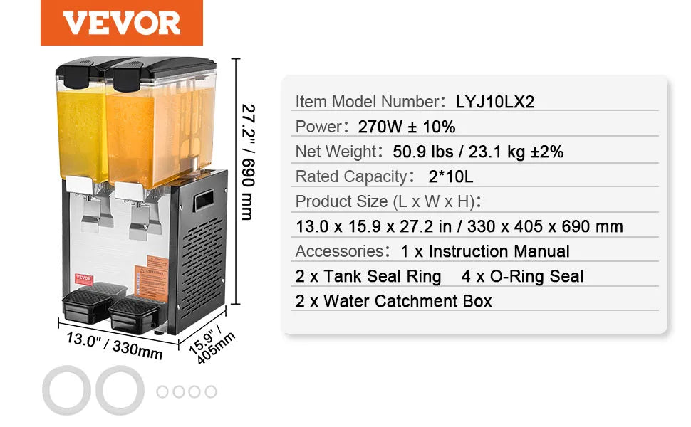 VEVOR 10L 12L 18L Commercial Beverage Dispenser Stainless Steel Ice Juice Tea Drink Machine with Cooling Function for Bar Party