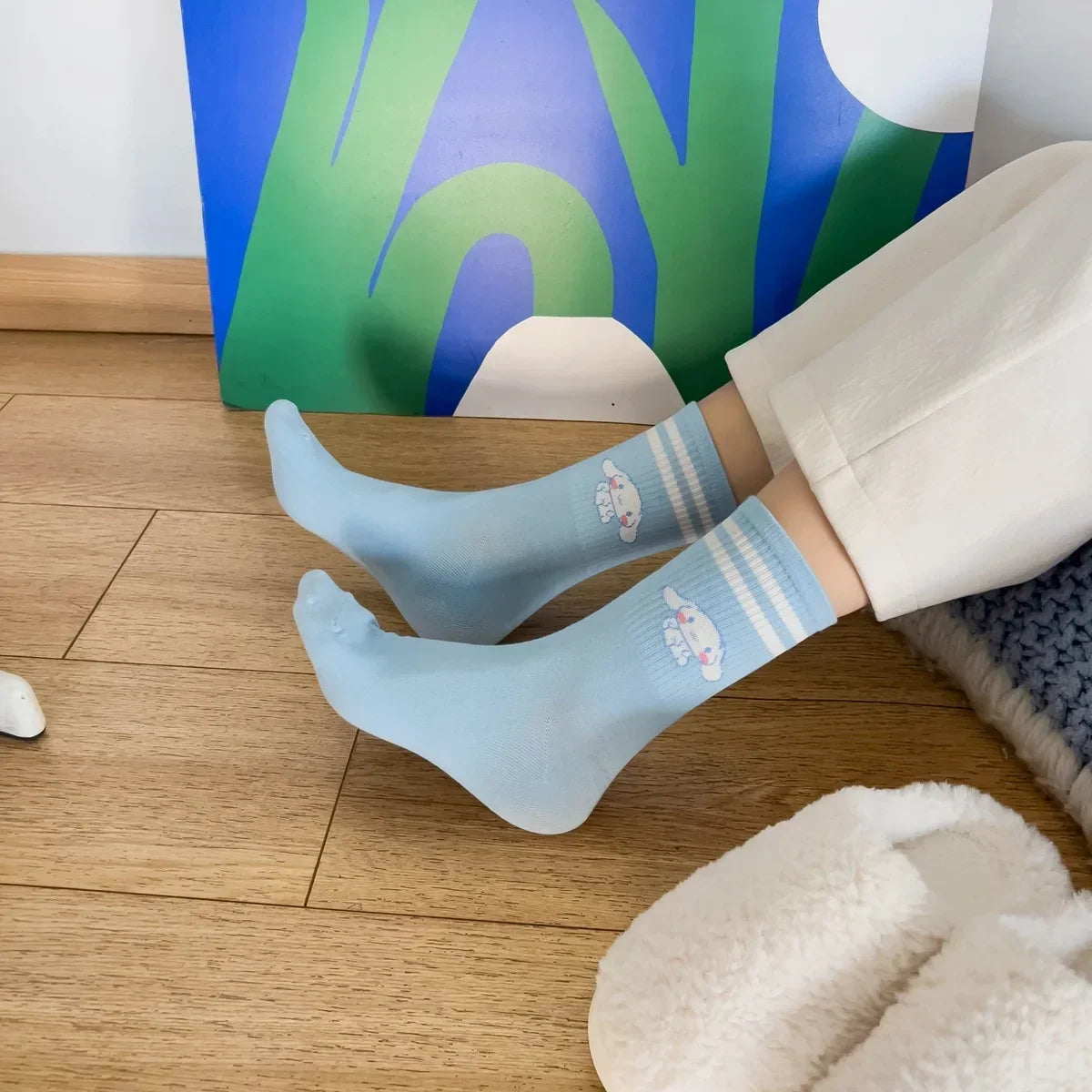 1pair Miniso Cinnamoroll Cartoon socks girl's blue combed cotton mid-tube stockings cute sanrio puppy stockings