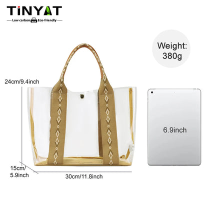 TINYAT Khaki Bohemian Style Clear PVC Tote Bag for Women, Transparent Shopper Clutch Purse for Daily Use and Music Festivals