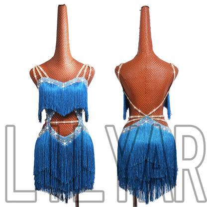 New professional Latin dance competition performance dress with sea blue tassel short open waist sparkling diamond dance skirt