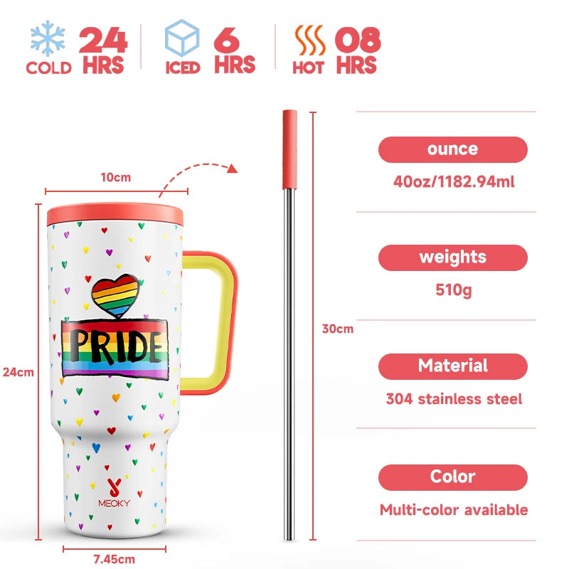 Meoky Cup 40oz Large Tumbler Straw Cup with Lid leak-proof Sainless Steel Vacuum Insulated Car Mug Water Bottle Pride Month