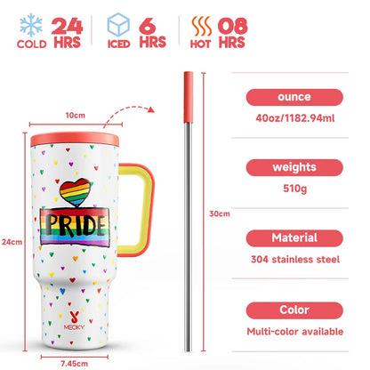Meoky Cup 40oz Large Tumbler Straw Cup with Lid leak-proof Sainless Steel Vacuum Insulated Car Mug Water Bottle Pride Month