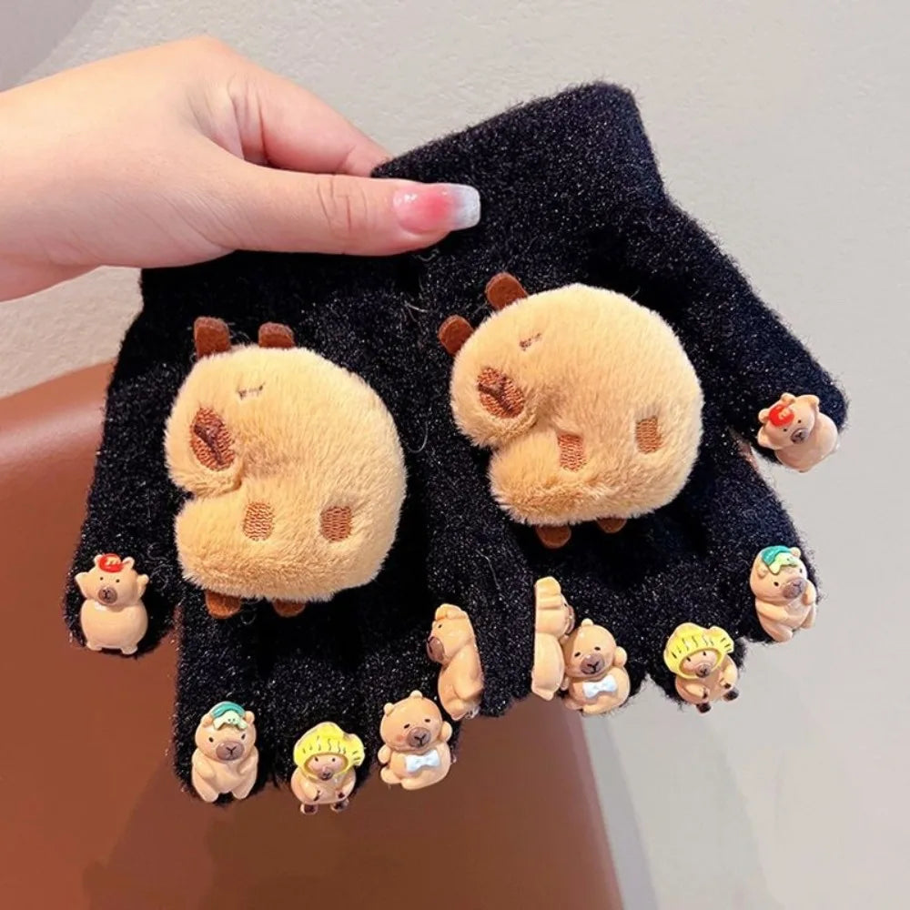Kids Winter Gloves - 3D Capybara Plush Warm Gloves for Boys & Girls | Cold Weather Mittens