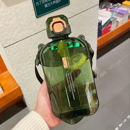 Flat Square Transparent Water Bottle Portable Travel Canteen with Adjustable Strap Elegant Slim Bottle for Sport Camping
