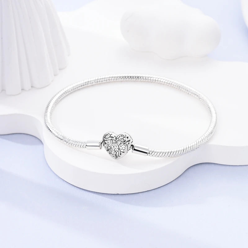 925 Sterling Silver Charm Bracelet - Leaf, Clover, Butterfly & Heart Design | 17-20cm Adjustable