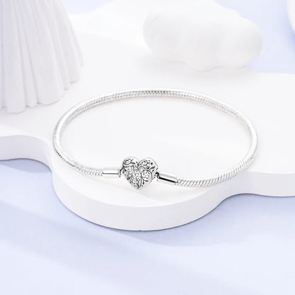 925 Sterling Silver Charm Bracelet - Leaf, Clover, Butterfly & Heart Design | 17-20cm Adjustable