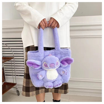 Disney 2025 New Cartoon Plush Doll Shoulder Bag Sweet and Cute Stitch Strawberry Bear Soft Cute Girls Handbag